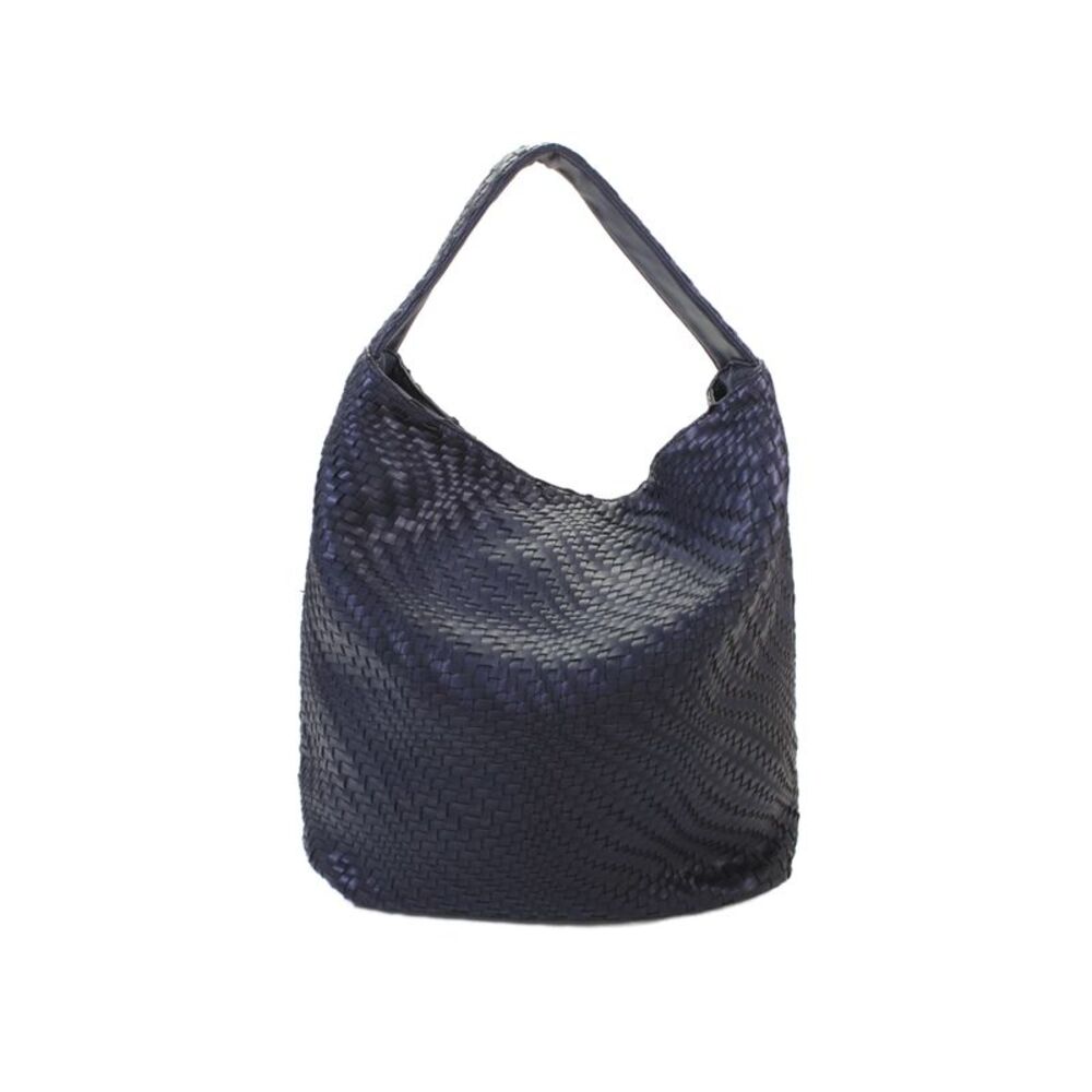 Anthropologie Womens Woven Faux Leather Large Shoulder Hobo Handbag Navy